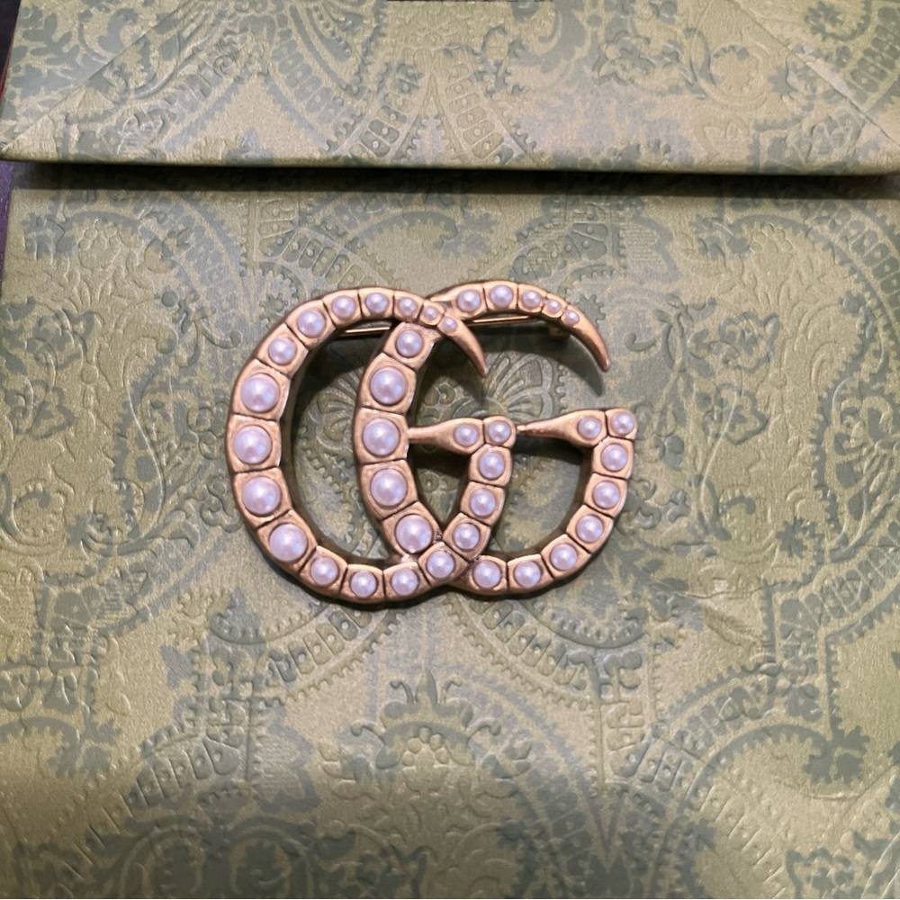 Gucci Gold GG Brooch with Pearl Accents